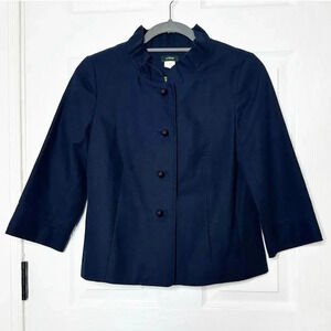 J. CREW Size 2 Atelier Canvas Ruffle Neck 3/4 Sleeve Jacket Navy‎ Blue